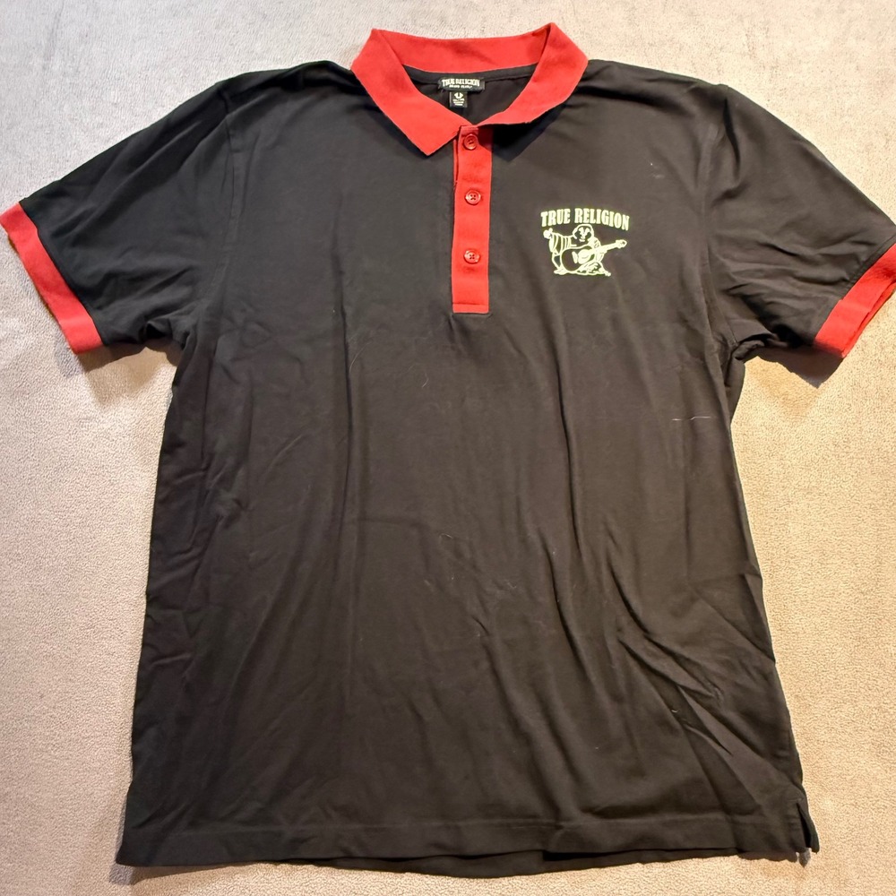 True Religion Mens Polo Shirt Black Red Buddha Guitar Graphic XL Short Sleeve